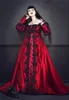 Vintage schwarze und rote gotische Brautkleider mit abnehmbarer Spitzenpackung Langarmige von der Schulter, eine Linie historische Maskeradekleid für Frauen