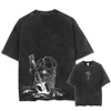 Yaz Pamuk Gevşek Yıkanmış Üstler Tees Anime Baskı Tshirt Erkek Sokak Giyim Vintage Siyah Tişört Harajuku Büyük boy 240418
