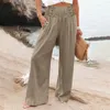 Pantalon féminin Femmes Été décontractée haute taille bched cotton lin palazzo pantalon de plage baggy avec pantalon de poche