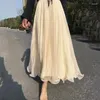 Jupes printemps et d'été mousseline de mousseline longue jupe élastique haute taille élégante danse couleur solide occasionnelle e908