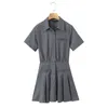 パーティードレスYenkye Summer Women Gray Lapel Shirtheeve Shird Dress Retro Girl Front Bottons Up Slim Waist PletedA-Line Mini