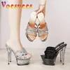 15 cm Sandales à paillettes plates-formes de cristal Party Chaussures pour femmes Summer Gladiator Nightclub Slippers Models High Heels 240506