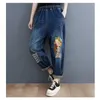 Frauen Jeans Frau Vintage Cartoon Patch Stickerei Stickel-Länge Hose Frühling und Sommer 2024 Loose Mode Hohe Taille Harem