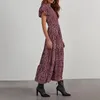 Parti Elbiseleri Tatil Elbisesi Çiçek Baskı V Boyun Midi Kadınlar için A-line Salıncak Stili Kabarcık Kolları Yüksek Bel Yaz