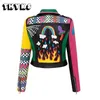 Autumn Winter Womens PU Leather Jacket Belt Slim Lapel Short Coat Fashion Color Graffiti High Street Motorcycle Blazer 240423