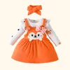 Autumn e inverno Baby JumfsuitliftingBow Set Cartoon Fox Print Rous Girl Roused Childrens Clothler bebê Conjunto 240428