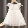 Filles robes filles d'été 3D arrière papillon paillettes en maille petites manches volantes de princesse robe de mariage fleur douce et mignonne