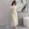 Lässige Kleider französische Spitze Langes Meerjungfrau Kleid für Frauen Spring Elegant Square Neck Bodycon weibliche Vintage Party Robe J061