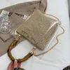 Bambu düğüm tasarım kolu şeffaf rattan saman crossbody çantaları kadınlar için yaz moda zinciri omuz çantaları 240420