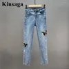 Dames jeans stud Strierse Demin broek vrouwen blauw elegant chic boog inzet diamant negende potlood inleg boor voeten broek vrouw