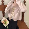 Malhas femininas Spring Autumn Lace Up Coquette Cardigan Cardigan Crop Cropwear
