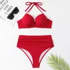 Moda de banho feminina Sexy Red High Caist Bikinis Push Up Swimsuit Women Beach Usa Ternos de Bathing Bathing Brasilian Bikini Pool Bather 2024