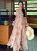 Lässige Kleider französische Frauen modische rosa Print Rüschen Abend Abschlusskleid Sommer Rückenless Feiertag Halfter Verband A-Line Long Sunddress