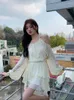 Arbetsklänningar koreansk stil tvåbitar set kvinnor vår sommar halter blus toppar och hög midja minikjol kostymer 2 stycken kläder