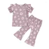 Ensembles de vêtements focusnorm 0-5y Petite fille Summer Lovely Clothes Set Floral Imprimer des manches courtes avec un pantalon-fond de cloche