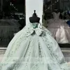 Söt salvia söt 16 bollklänning quinceanera klänning båge av axelpärlor kristall blomma spetsar applikationer vestidos de 15 anos spets
