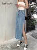 Signe Beiyingni 2024 Summer Summer Sump Donne French Sexy Slip Long Midi High Bodycon Ladies Blue Casual Jupe Jupe