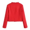 Traf jaqueta de tweed vermelha feminino outono cortado jaqueta vintage mulher chique e elegante jaqueta de manga comprida jaquetas femininas 240506