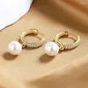 Hoop Earrings OL Style Female Round Simulated Pearl For Women Silver Gold Color White Zircon Bead Engagement Birthday Jewelry CZ