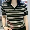 여자 티셔츠 여름 새로운 슬림 다목적 독특한 줄무늬 티셔츠 여자 폴로 넥 패널 탄성 패션 한국 아이스 실크 슬리브 슬리브 TOPL2405