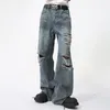 Jeans masculin Noymei Hole Design High Street Washed Denim Pantals 2024 Summer American Style Loose Straight Jean Fashion Disond WA4429