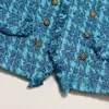 Vintage Blue Tweed Jacket Designer feminino Clothing Autumn Winter Coat Blazer Office Lady Korean Chic Botões Fringe Botões de luxo 240506