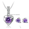Stud S925 Sterling Sier Love Heart Boucles d'oreilles Colliers Set Jewelry Blanc Purple Shining Crystal Bling Diamond Choker Collier Brincos Dhhd3
