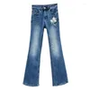 Jeans feminino Flor de bordado com miçangas azul magro para mulheres Primavera e verão 2024 Cantura alta Slim Fit Bell Bottom Pants Street