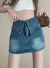 Skirts Summer Vintage High Waist Denim Women's Skirt Slim Solid Color Tight Hip Black Blue Simple A-line