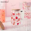 Gobelers 400 ml coeurs tasse en verre imprimé avec couvercle de bambou et jus de paille bière de lait peut élever le borosilicate de la Saint-Valentin présent H240506