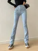 Frauen Jeans Tvvovvin würziges Mädchen gewaschen hohe Taille Flare Frauenbeutel Hüften zeigen dünne elastische Beine langer Schlepphosen Eyvb
