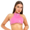 Röcke Damen Dessous Patent Leder O Ring Halfter Rückenless Crop Top mit eingebauten Tanga Rüschen Minirirt Party Pole Dancing Clubwear