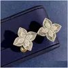 Stud Lucky Clover Designer Earrings For Women 18K Gold Luxury Hollow Sweet Flower Bling Diamond Earring Ear Rings Earings Jewelry Dro Dhqdr