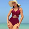 Women's Swimwear Solid Color Hanging Neck One Piece Swimsuits 2024 Woman Sexy Mesh Bikini High Waisted Backless Brazilian Beach Outfit