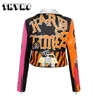 Autumn Winter Womens PU Leather Jacket Belt Slim Lapel Short Coat Fashion Color Graffiti High Street Motorcycle Blazer 240423