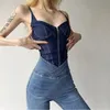 Kläder för kvinnor mode retro skarv sexig grimma backless låg bröstkorg Slim blå denim bodysuits toppar 240420