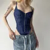 Kläder för kvinnor mode retro skarv sexig grimma backless låg bröstkorg Slim blå denim bodysuits toppar 240420