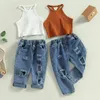 Kledingsets Wallarenear 0-6 jaar Kids Girls 2pcs Modebroek Set Mouwloze Camisole Elastische taille Gescheurde jeans zomeroutfit