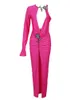 Femmes célébrités luxe sexy manches longues en V diamants de cou rose midi drapés robes robes de fête de soirée élégante vestido 240425