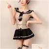 Anime -Kostüme Schulmädchen Sexy Cosplay Kostüm Frauen Erotik bloße Fischnetz Dessous Mini Kleider Student Stripes Uniform mit Strümpfen DHCDP