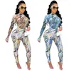 Sexy Mesh Sheer Print 2 -Stück -Sets Frauen Outfits Langarm Bodycon BodySuit Top und Hosen Leggings Set Clubwear Matching Sets 240424