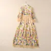 Summer Khaki Colorful Floral Embroidery Tulle Dress 3/4 Sleeve V-Neck Panelled Midi Casual Dresses S4A250418