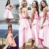 Roze A jurken licht bruidsmeisje lijn hoog lage satijnen boog strapless op maat gemaakte plus size meid of honor jurken vestidos strand bruiloft