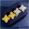 Stud Lucky Clover Designer örhängen för kvinnor 18K guld lyxig ihålig söt blomma bling diamant örhänge öronringar öron smycken dro dhqdr