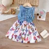 Girl's Dresses Middle and small childrens new summer girl denim patchwork printed vest dressL2405