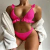 Dames badmode geribbeld gestructureerde bikini roze ruches zwempak veter tweedelige dames bikini's y2k strandkleding badpak traje bano mujer