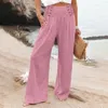 Pantalon féminin Femmes Été décontractée haute taille bched cotton lin palazzo pantalon de plage baggy avec pantalon de poche