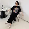 Abiti casuali grandi estivi coreano lungo abito t-shirt abito da cartone animato femminile manica corta split oversize sciolte