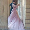 Moslimroze 2021 -jurken blush zeemeermin met overkruift tule kant applique high nek op maat gemaakte bruiloftjurk vestido de novia