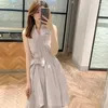 Casual Dresses Kuzuwata Japan Style Summer V-neck Sleeveless Dress Pleated Bow Short Lace Up Stand Collar Vestidos Slim Fit Draped Design